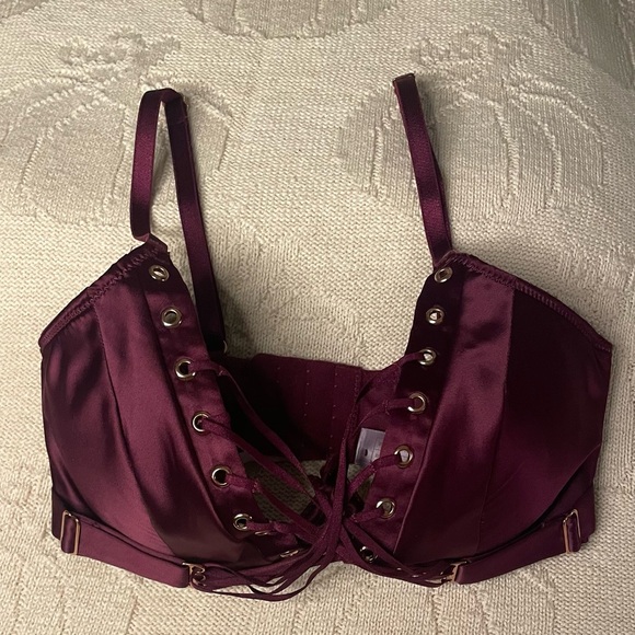 Savage X Fenty lot 2 32D bondage corset cleavage garter belt bra plum black - Picture 10 of 13